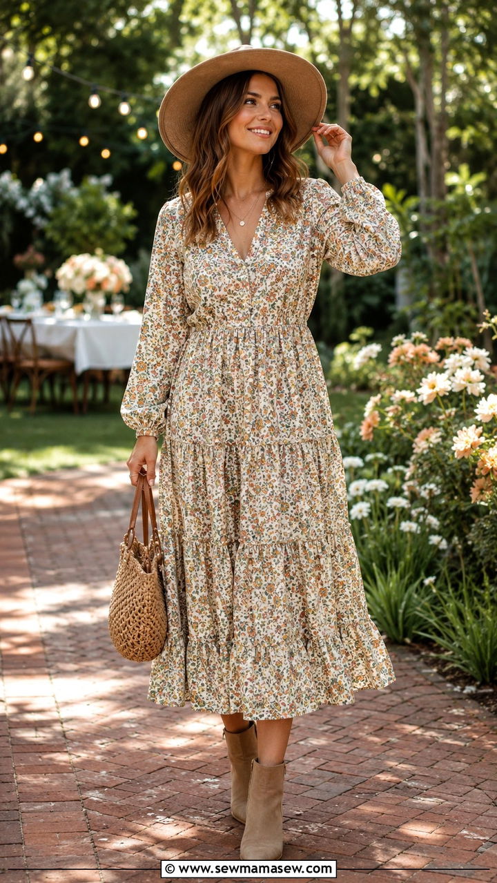 Tiered Midi Dress With Ankle Boots - 30 Midi dress outfit ideas with boots