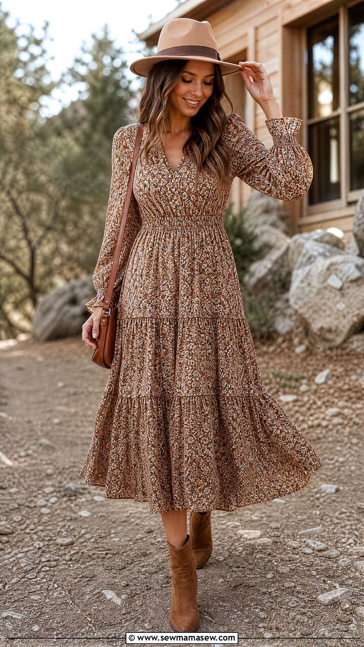 Tiered Midi Dress With Ankle Boots - 35 midi dress outfit ideas for women