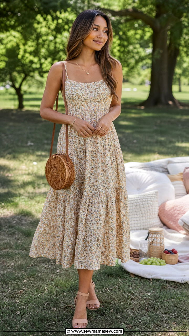 Tiered Midi Dress With Ankle Strap Sandals - 30 Petite summer dresses outfit ideas