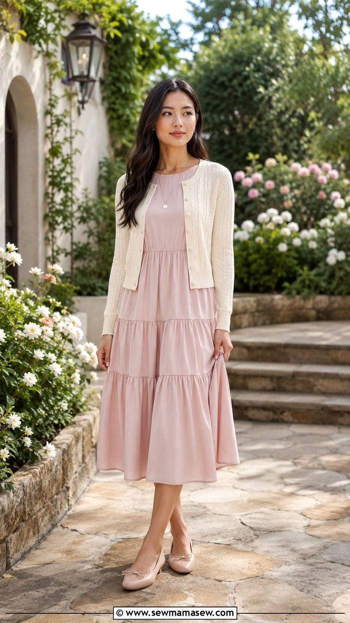 Tiered Midi Dress With Cropped Cardigan - 20 Modest outfit ideas for teacher