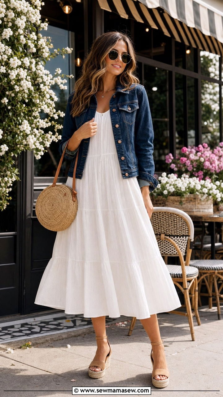 Tiered Midi Dress With Dark Denim Jacket - 35 Boho spring outfit ideas 2026