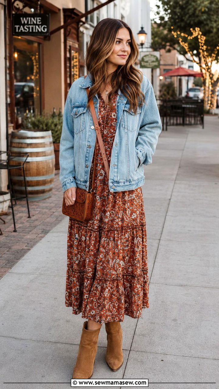 Tiered Midi Dress With Denim Jacket And Ankle Boots - 30 Boho outfit ideas for vacation