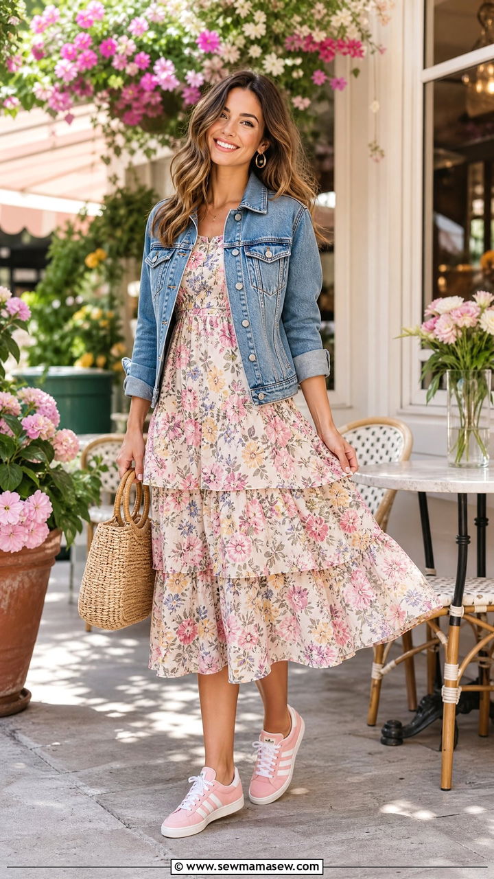 Tiered Midi Dress With Denim Jacket And Colorful Sneakers Brunch Look - 25 Brunch outfit ideas with sneakers