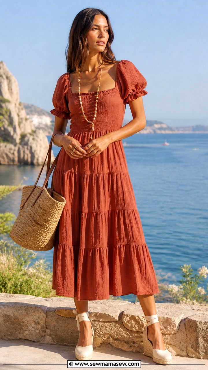 Tiered Midi Dress With Espadrille Wedges - 20 Boho outfit ideas Reformation style