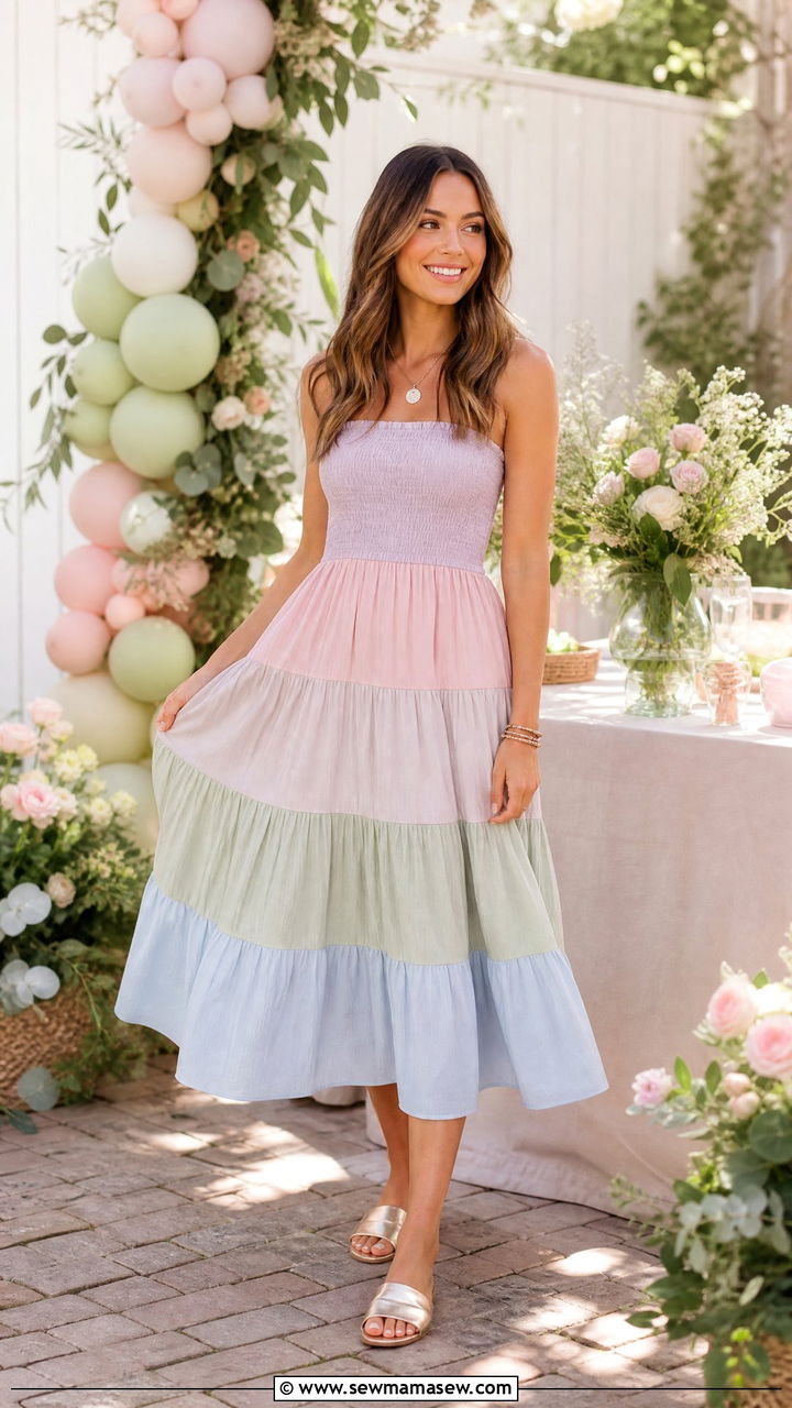 Tiered Midi Dress With Flat Slides - 30 summer outfits for new moms