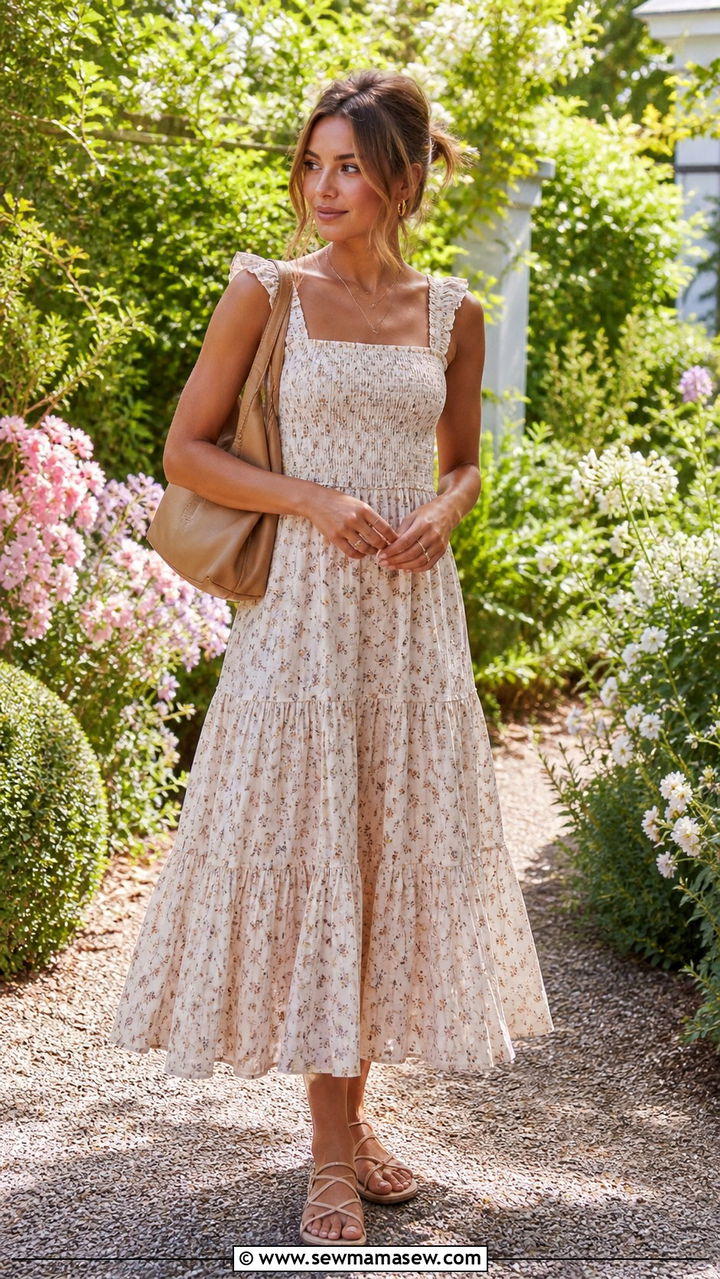 Tiered Midi Dress With Flat Strappy Sandals - 40 summer dress outfit ideas