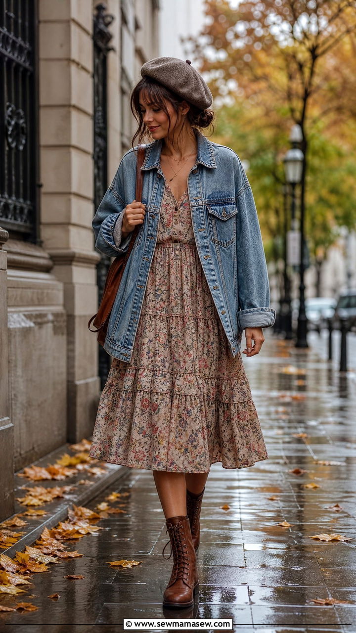 Tiered Midi Dress With Lace Up Boots And Denim Jacket Outfit - 20 cute poetcore outfits