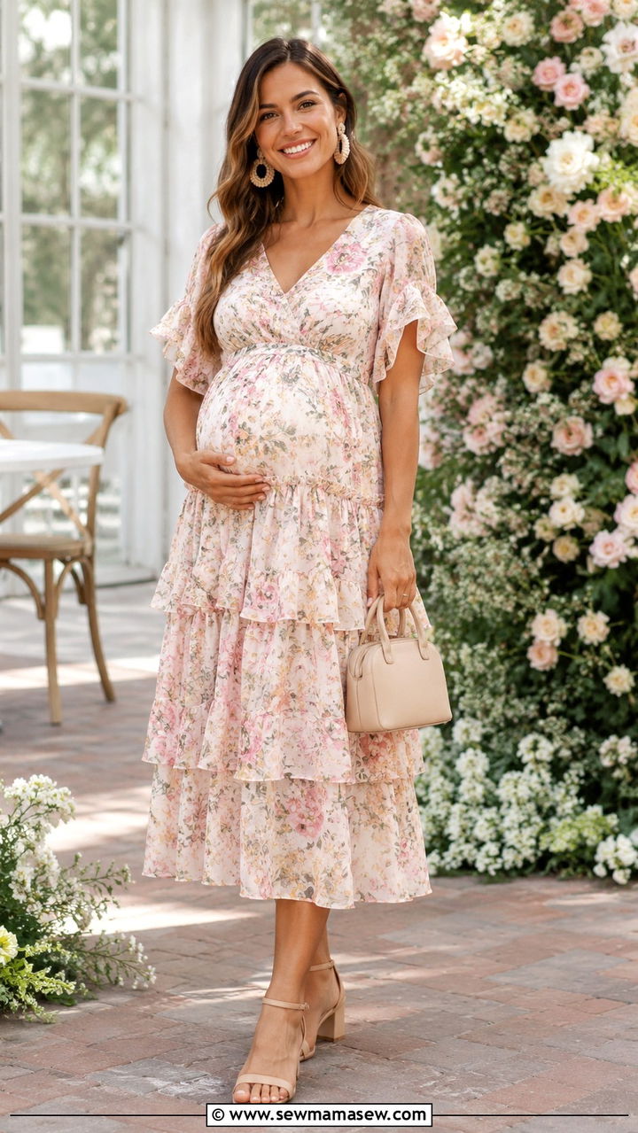 Tiered Midi Dress With Low Block Heel Sandals - 30 Midi dress outfit ideas with sandals