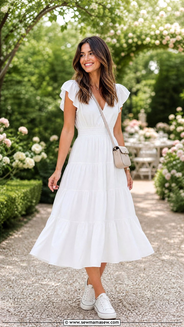 Tiered Midi Dress With Low Top Sneakers - 30 Midi dress outfit ideas with sneakers