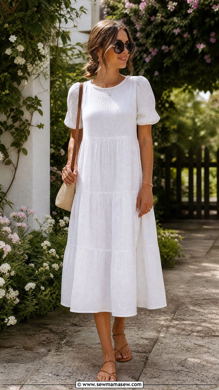 Tiered Midi Dress With Sandals - 30 Summer capsule wardrobe modest