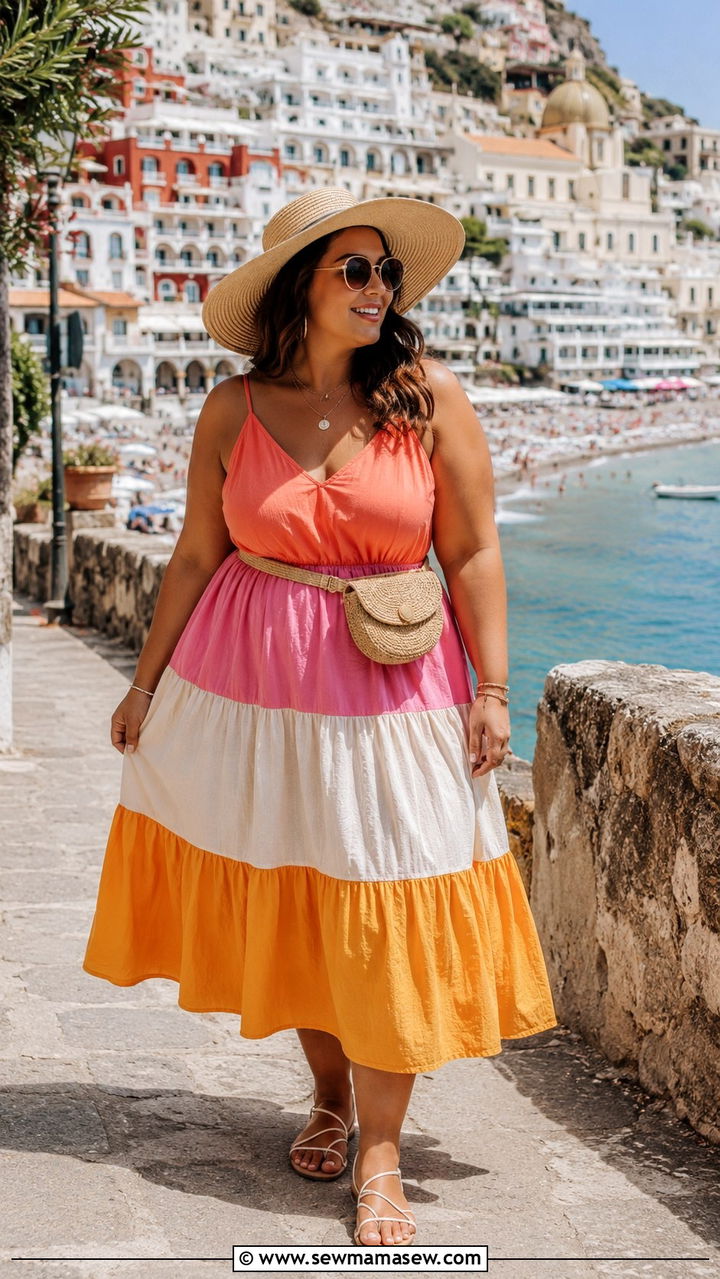 Tiered Midi Dress With Strappy Sandals - 25 Outfit ideas for pear shape plus size