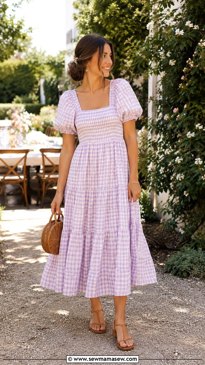 Tiered Midi Dress With Woven Handbag - 20 Summer outfits for 85 degree weather