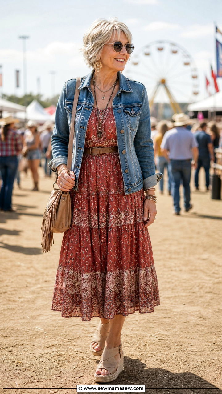 Tiered Midi Dress and Denim Jacket with Comfort Wedges - 30 Concert outfits for women over 60