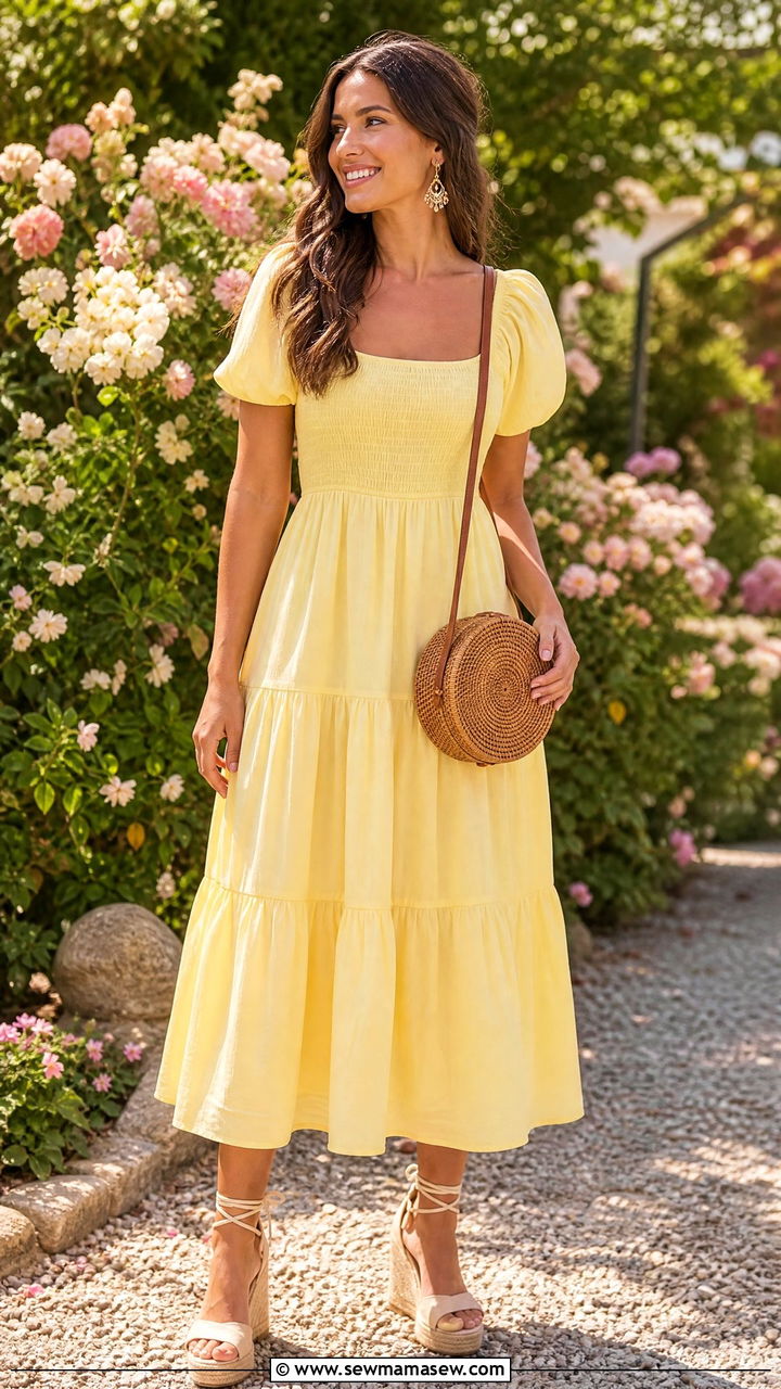 Tiered Midi Dress and Espadrille Wedges - 25 Laid back summer outfit ideas 2026