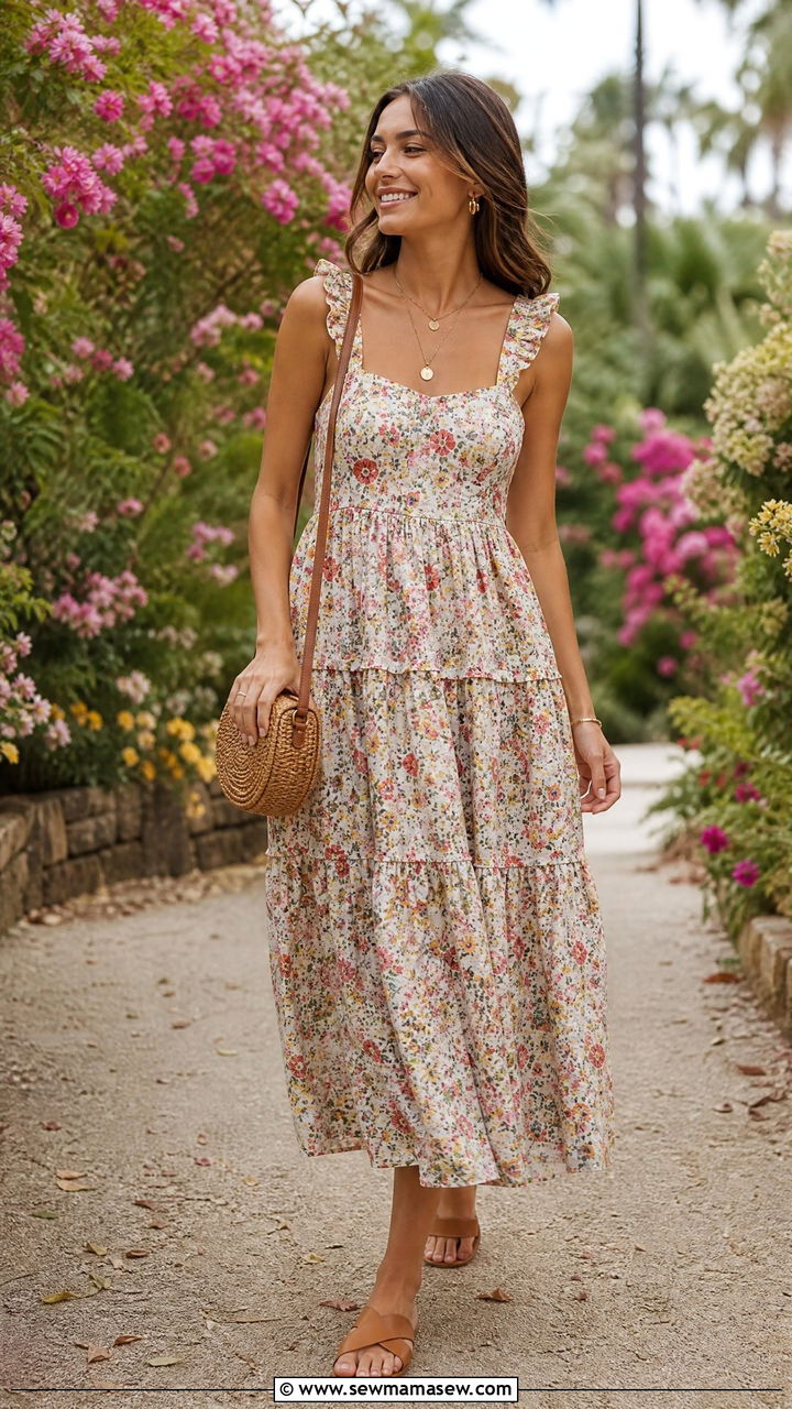 Tiered Midi Dress and Flat Sandals - 40 Spring break outfits