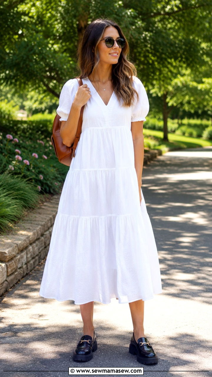 Tiered Midi Dress and Lug Sole Loafers - 25 Midi dress with loafers outfit ideas