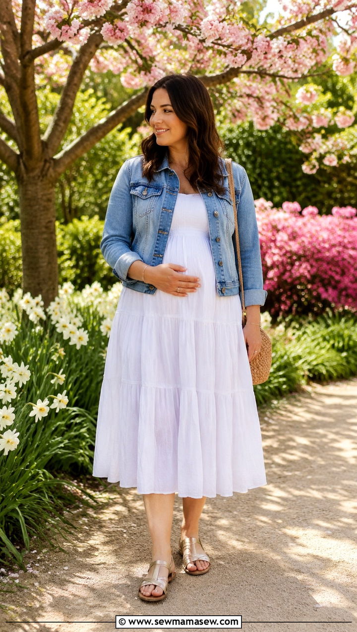 Tiered Midi Dress and Structured Jacket Outfit - 30 spring outfits for postpartum women