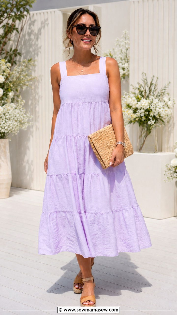 Tiered Midi Dress and Wedge Sandals - 30 Plus size mom outfit ideas summer