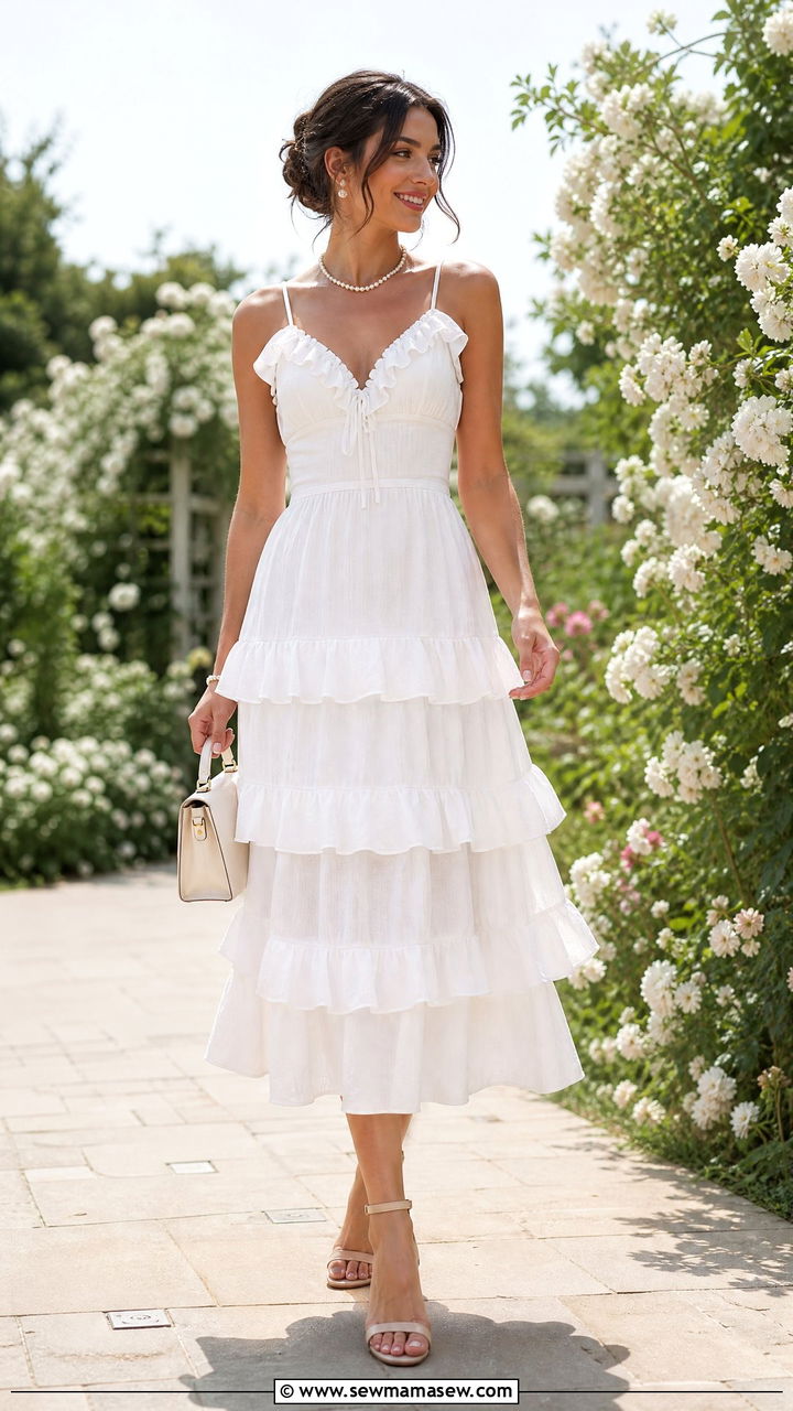 Tiered Midi Dress with Block Heels Outfit - 30 summer hot weather outfit ideas