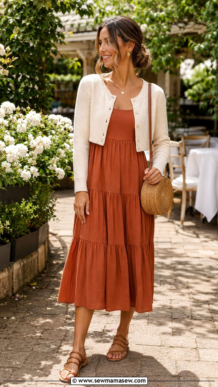 Tiered Midi Dress with Cropped Cardigan - 30 Midi dress with cardigan outfit ideas