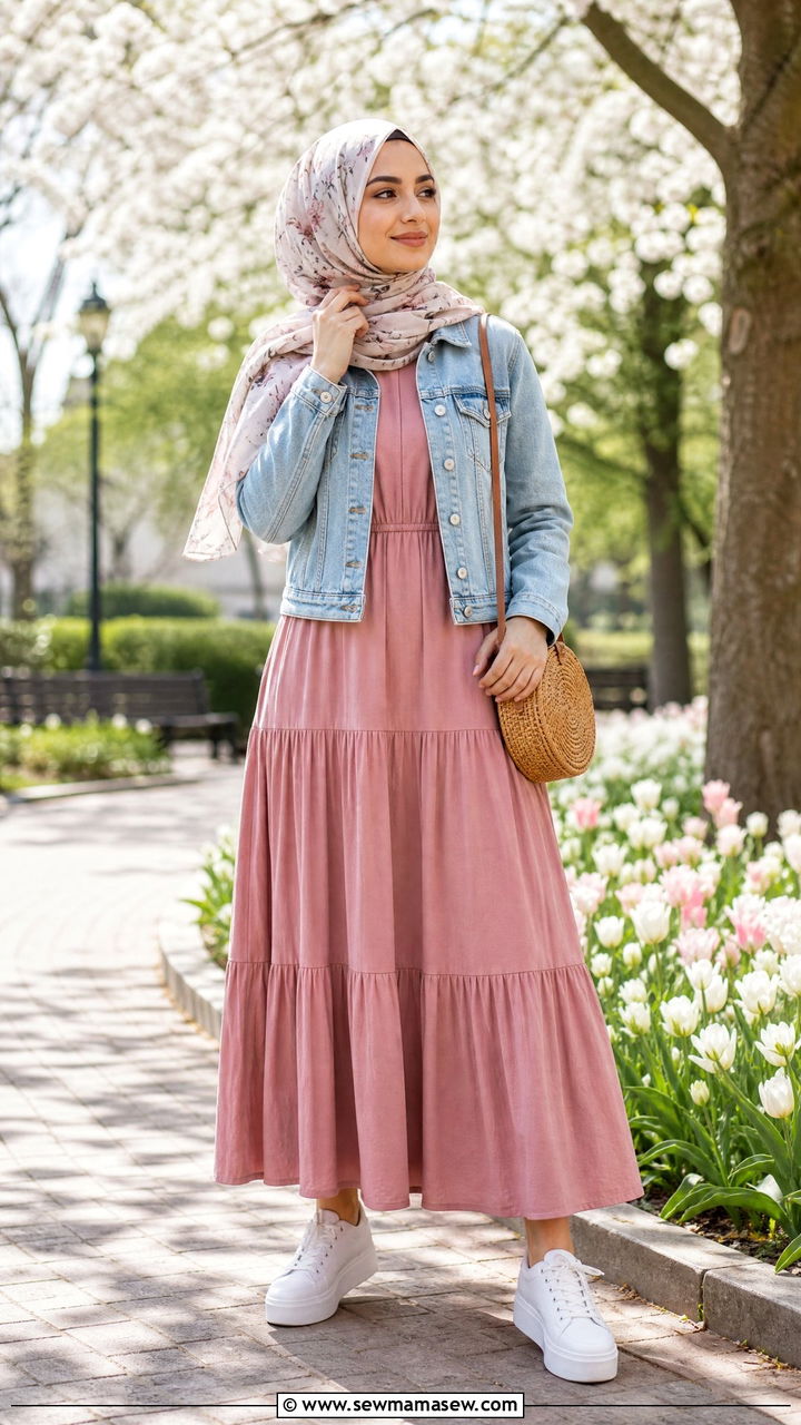 Tiered Midi Dress with Cropped Denim Jacket - 25 casual outfits for hijab women