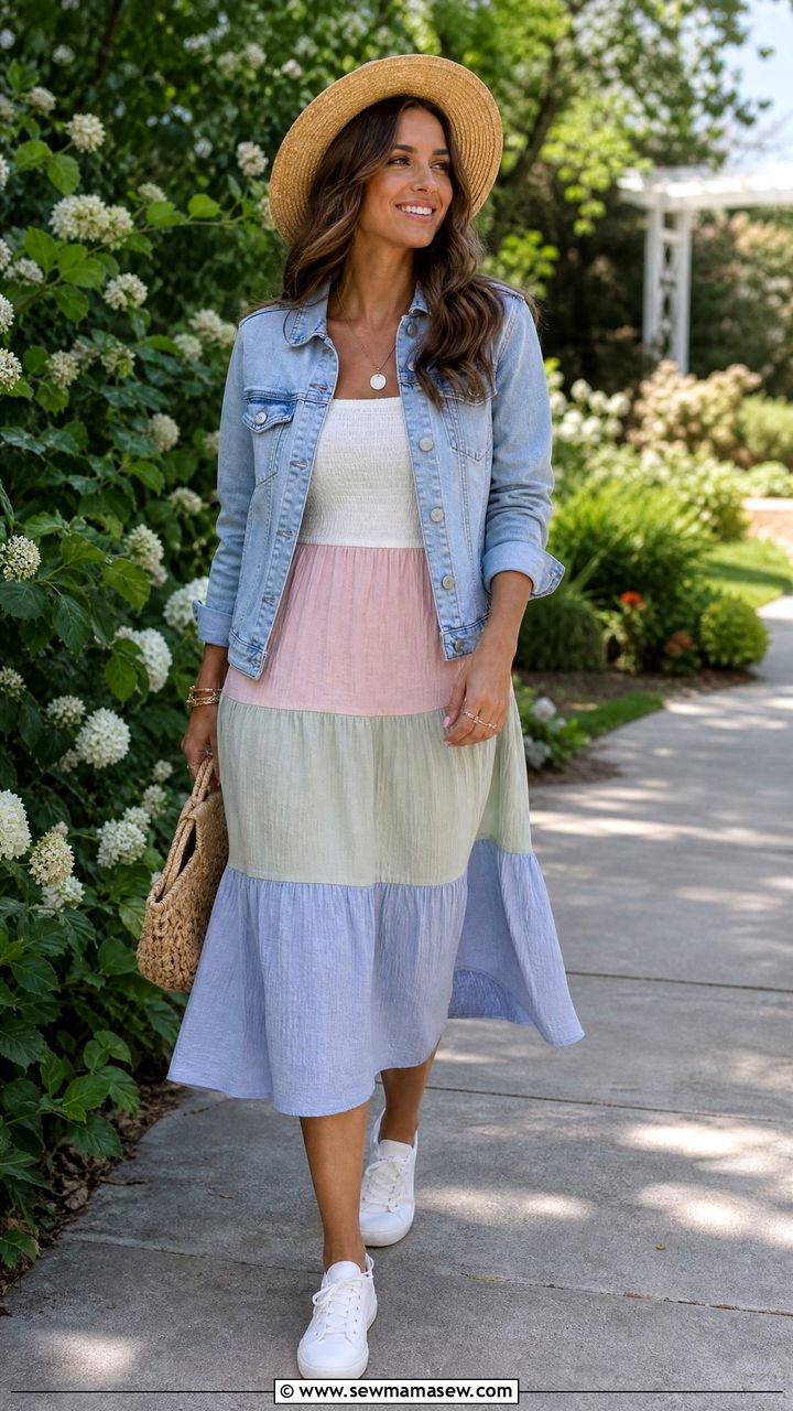 Tiered Midi Dress with Denim Jacket - 30 summer modest outfit ideas