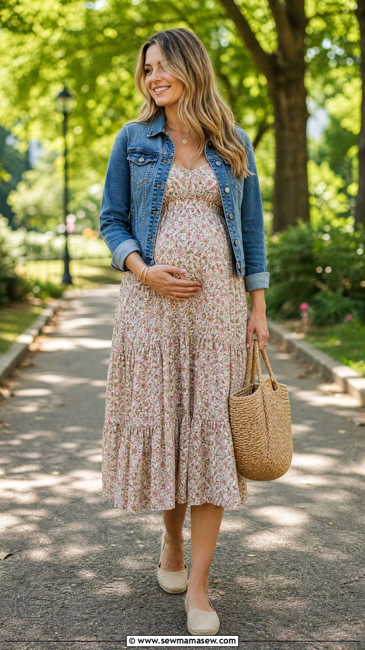 Tiered Midi Dress with Denim Jacket - 30 Maternity work outfit ideas