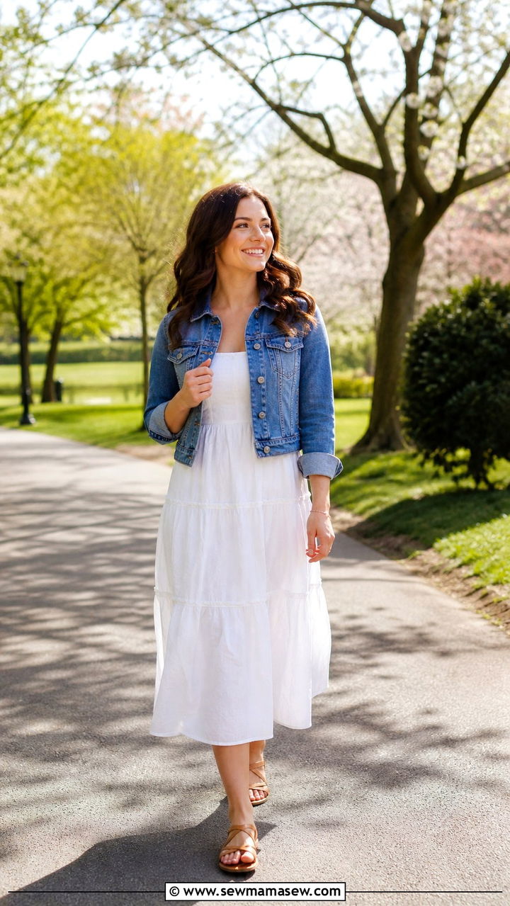 Tiered Midi Dress with Denim Jacket - 40 cute spring outfit ideas