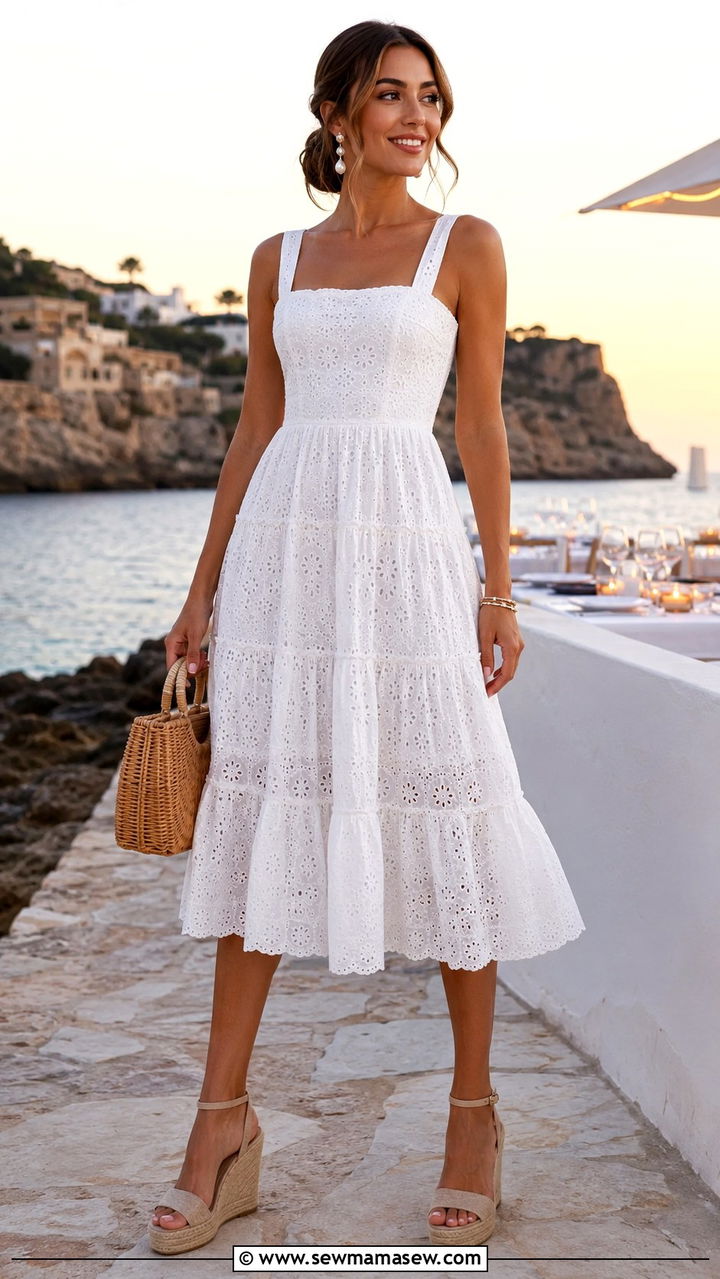 Tiered Midi Dress with Espadrille Wedges - 25 Beach outfit ideas not a swimsuit