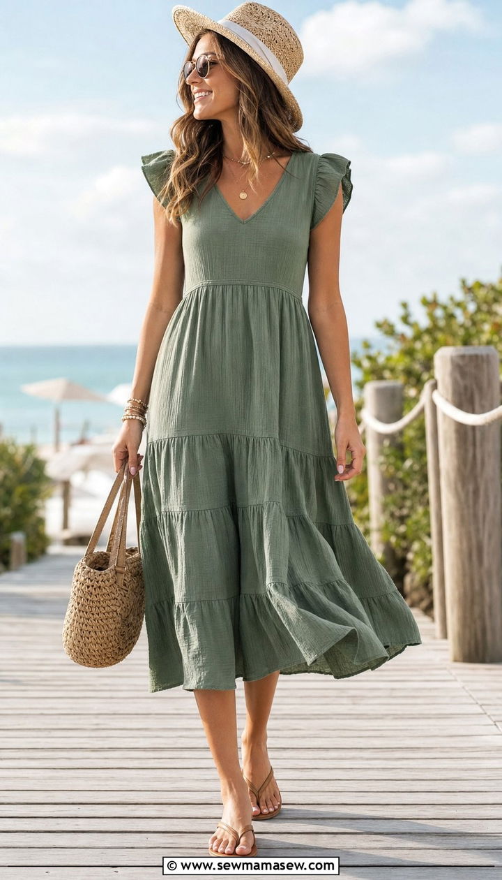 Tiered Midi Dress with Flip Flops and Woven Bag - 35 casual midi dress outfits