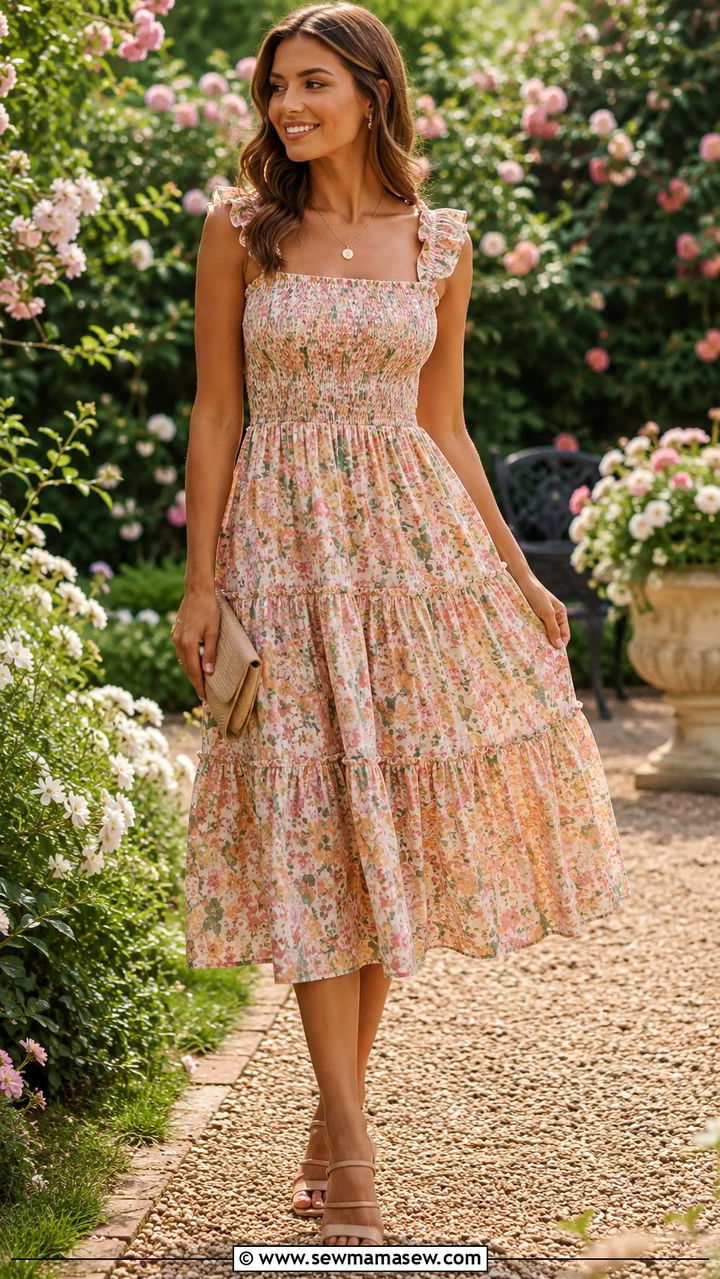 Tiered Midi Dress with Heeled Sandals - 25 Outfit ideas for rectangle body summer