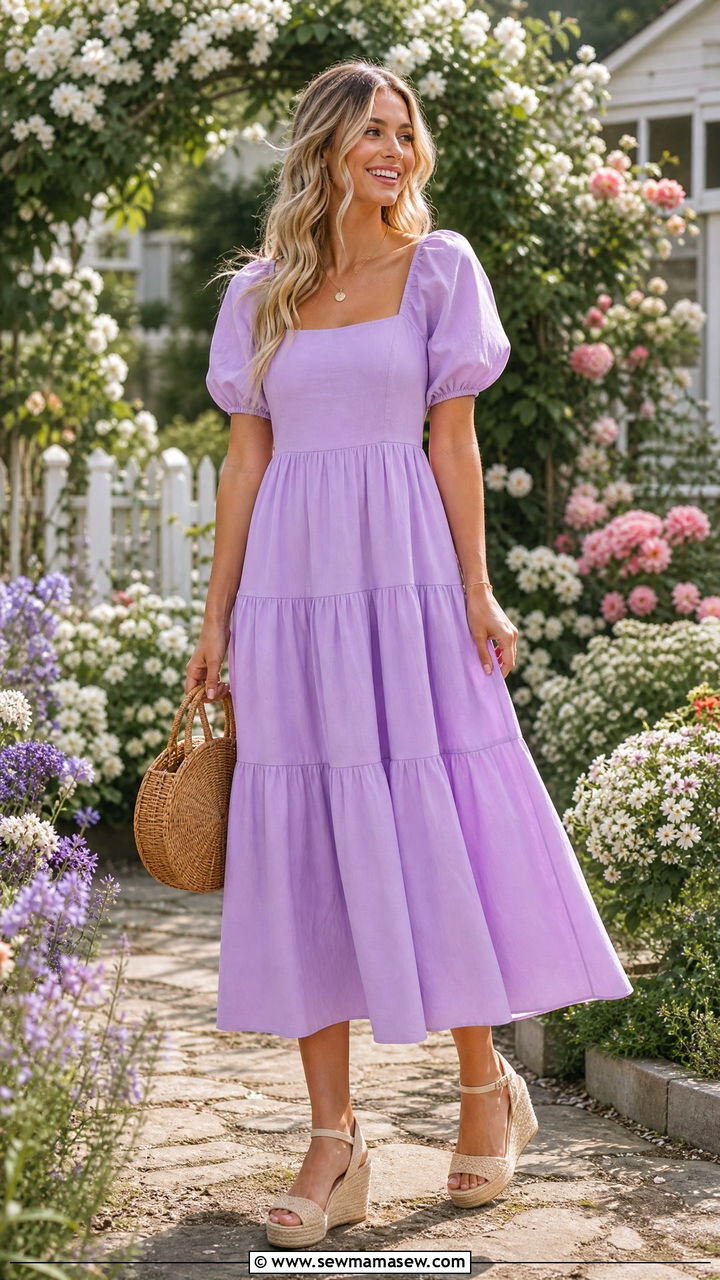 Tiered Midi Dress with Short Puff Sleeves - 25 modest bridal shower outfit ideas