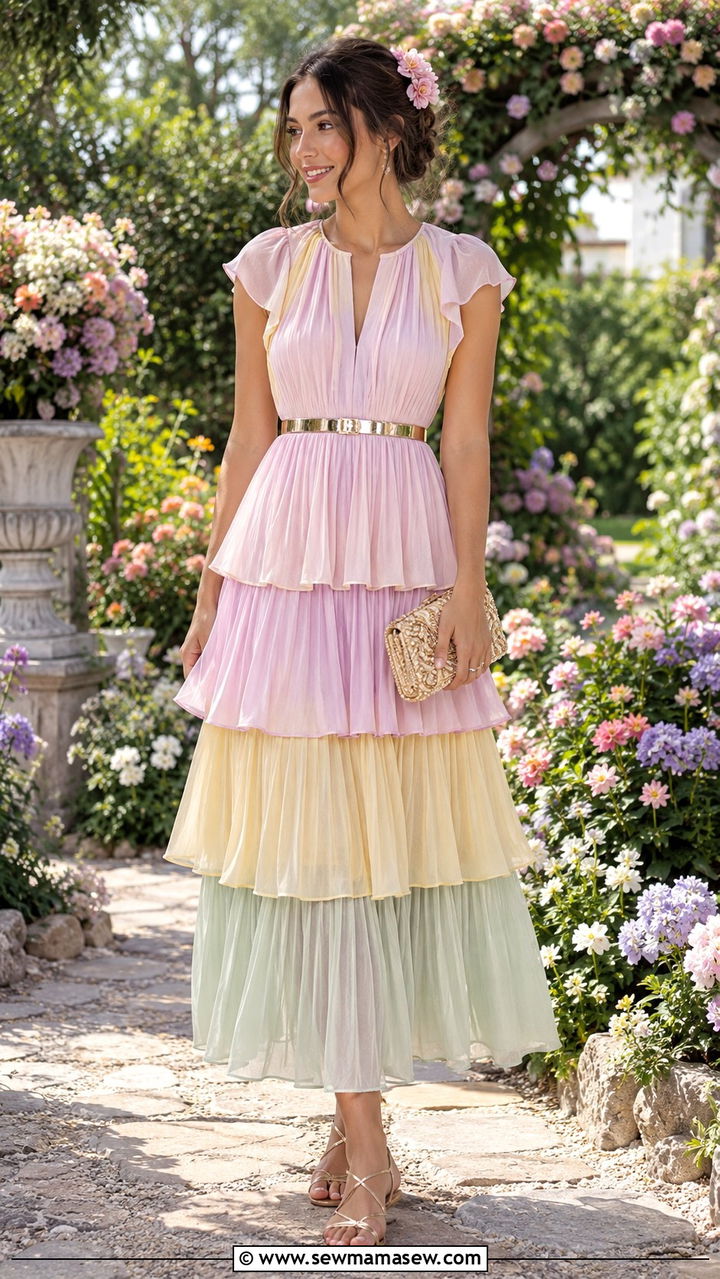 Tiered Midi Dress with Slim Metallic Belt and Strappy Sandals - 30 Midi dress outfit ideas with a belt