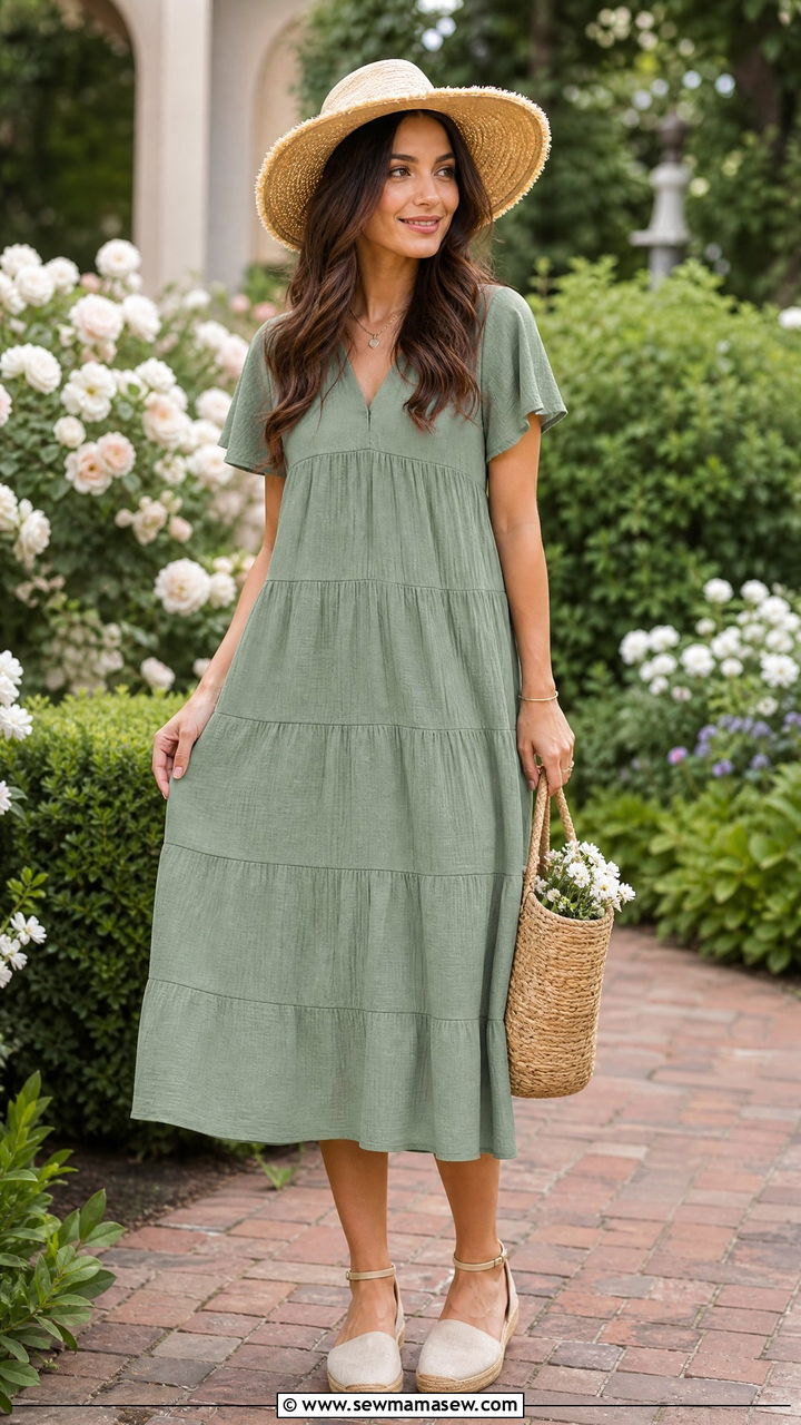 Tiered Midi Dress with Straw Hat - 30 Modest spring outfits