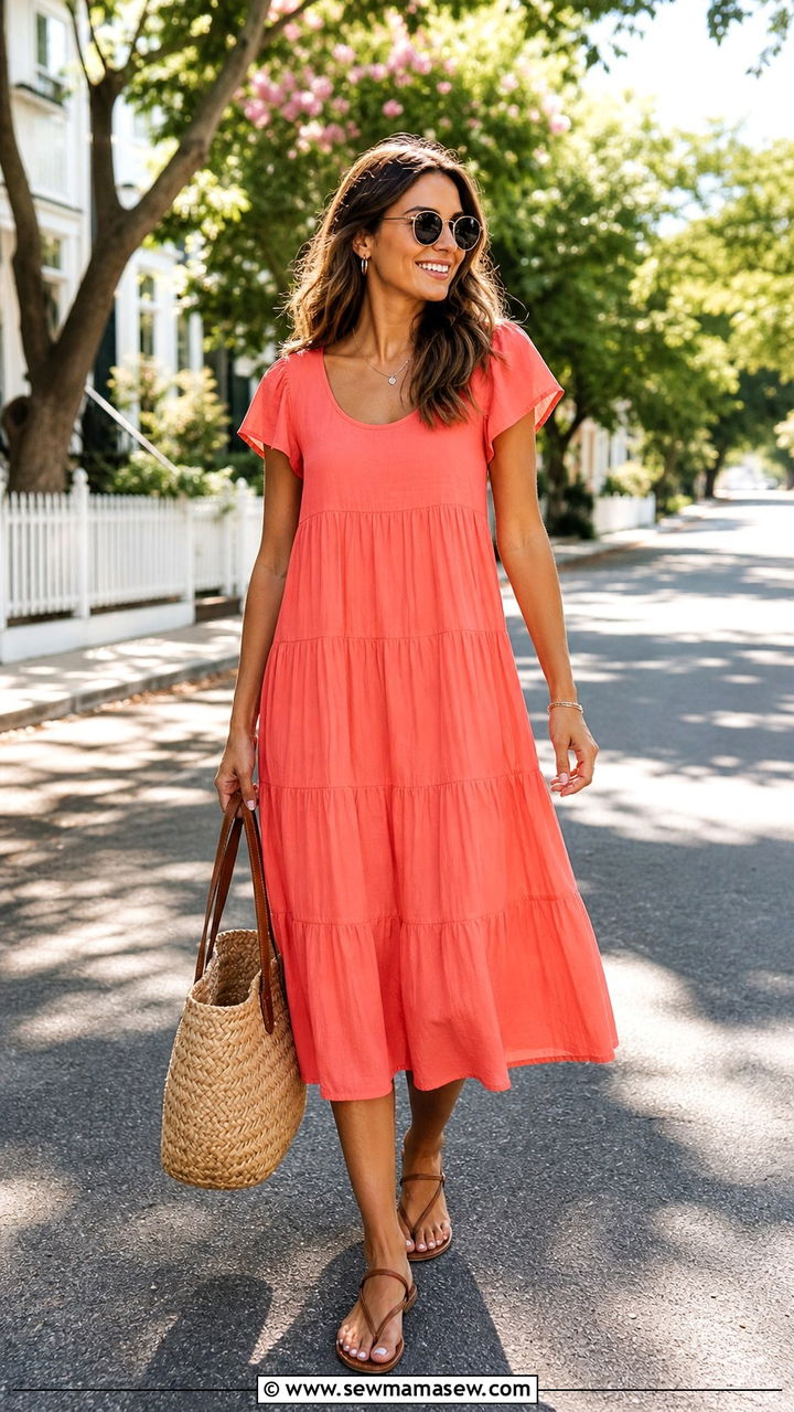 Tiered Midi Dress with Straw Tote Outfit - 40 Summer wardrobe staples