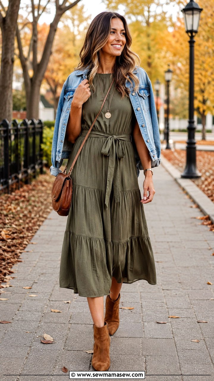 Tiered Midi Dress with Suede Ankle Boots Outfit - 30 Boho outfit ideas for women over 40