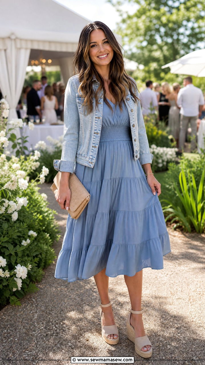 Tiered Midi Dress with Wedges - 25 Outfit ideas to flatter thighs