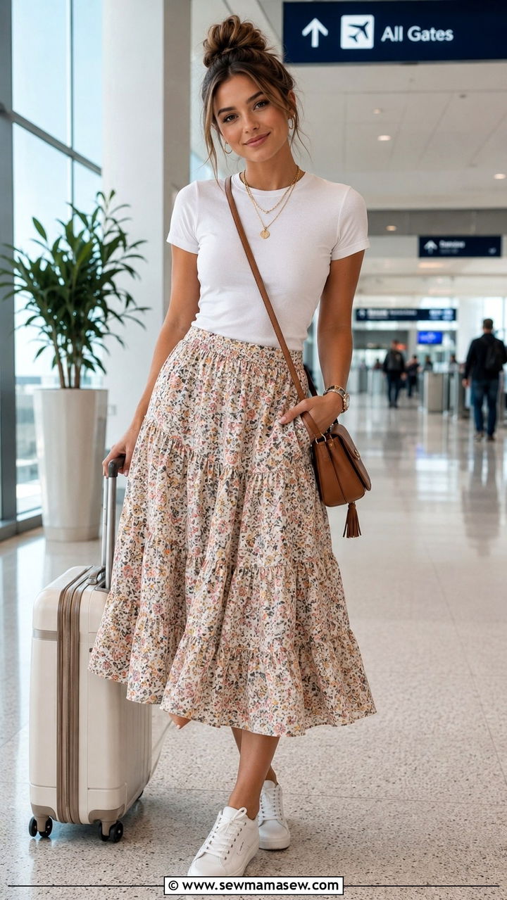 Tiered Midi Skirt And Sneakers Petite Airport Outfit - 25 Petite outfit ideas for airport