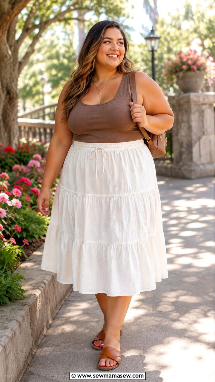 Tiered Midi Skirt Knit Tank and Flat Slide Sandals - 30 Plus size theme park outfit ideas