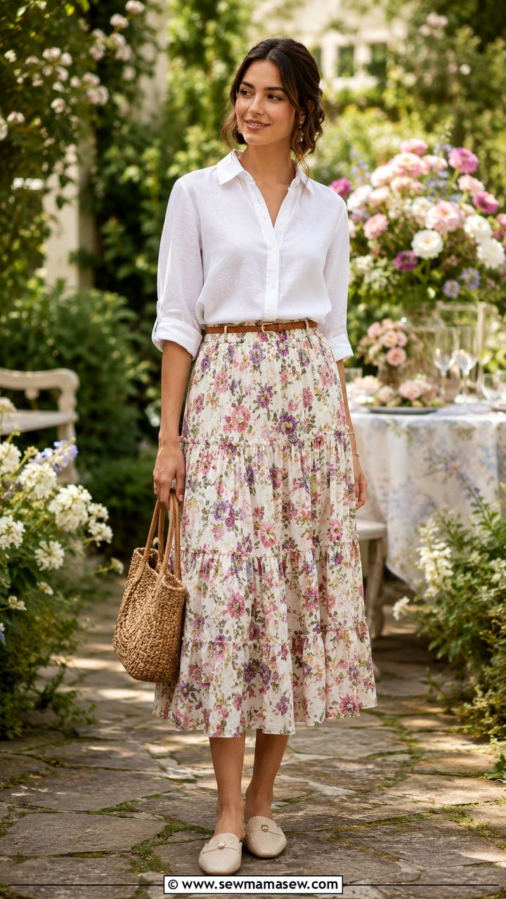 Tiered Midi Skirt With A Tucked In Blouse - 30 Modest summer outfit ideas