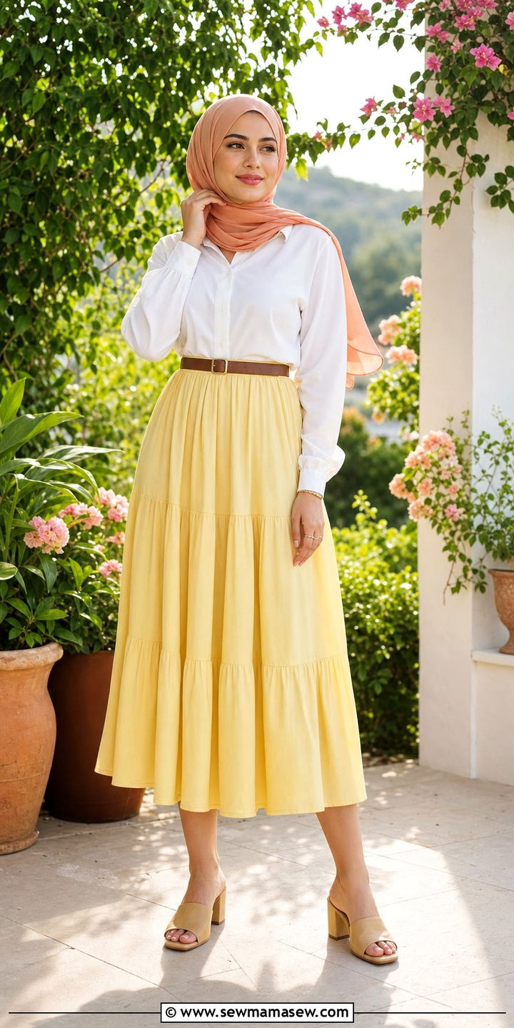 Tiered Midi Skirt With Button Down Blouse Outfit - 25 spring outfits for hijab women