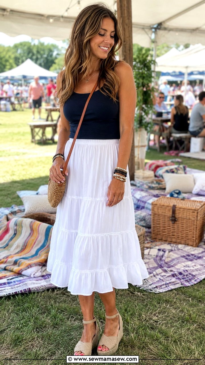 Tiered Midi Skirt With Fitted Tee And Espadrilles - 30 midi skirt outfits for women over 40