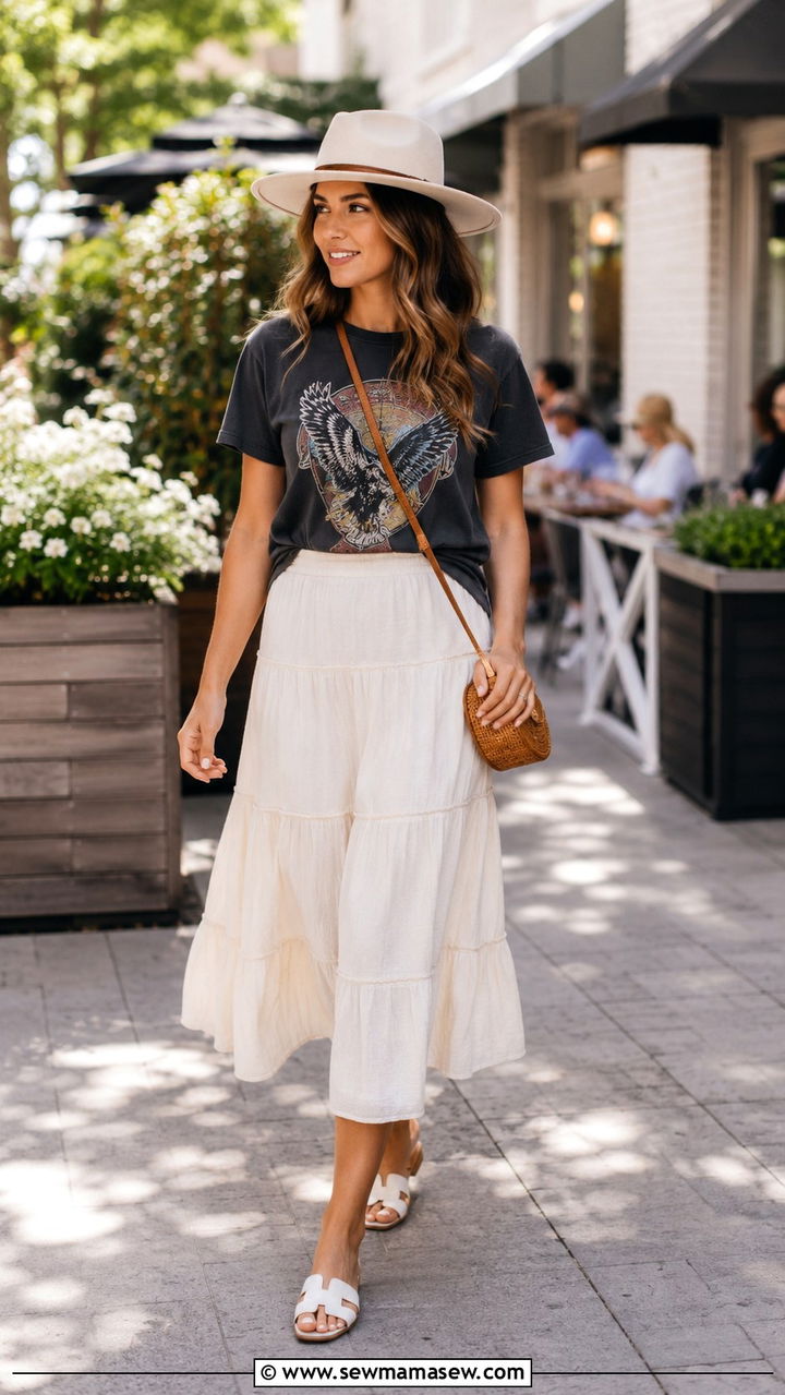 Tiered Midi Skirt With Graphic Tee - 30 Nashville brunch outfit ideas