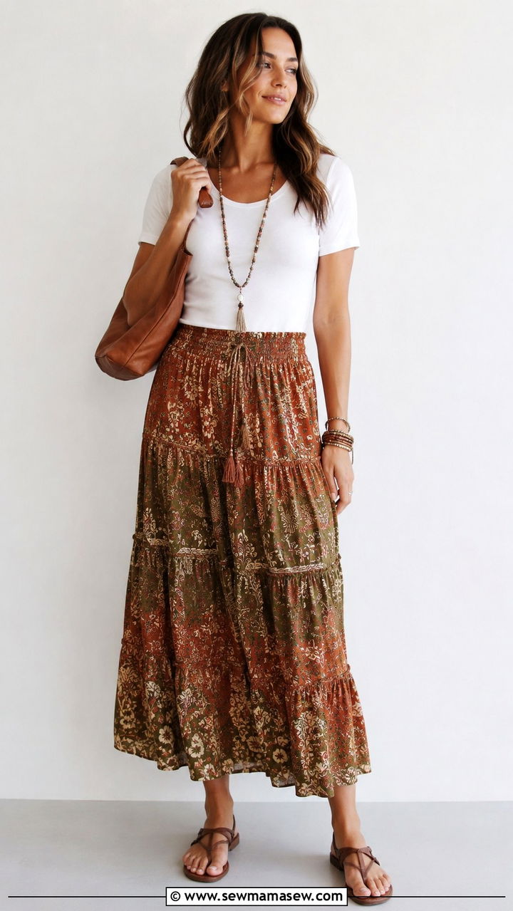 Tiered Midi Skirt With Simple Tee And Leather Sandals - 25 Boho outfit ideas with sandals