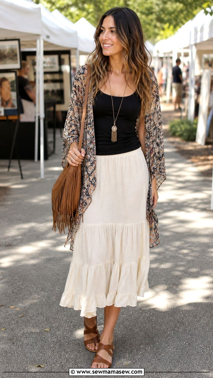 Tiered Midi Skirt With Tank Top And Kimono - 40 Boho spring outfits