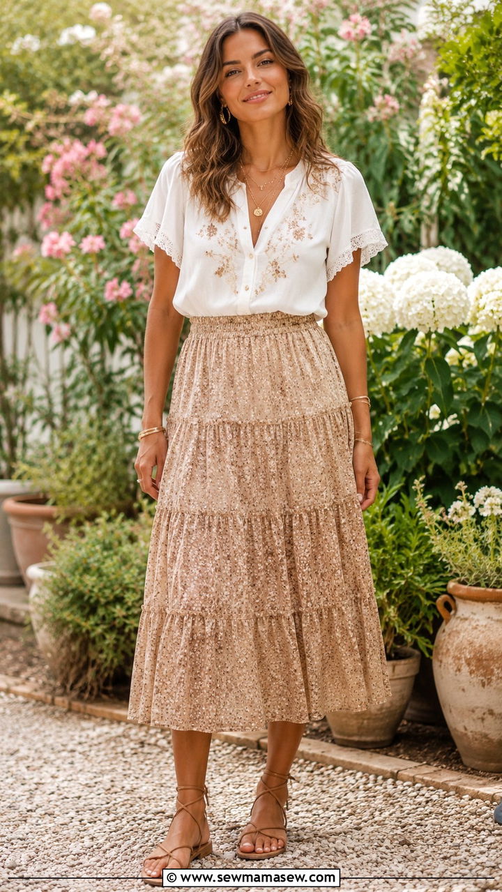 Tiered Midi Skirt With Tucked White Blouse - 25 boho chic outfits aesthetic
