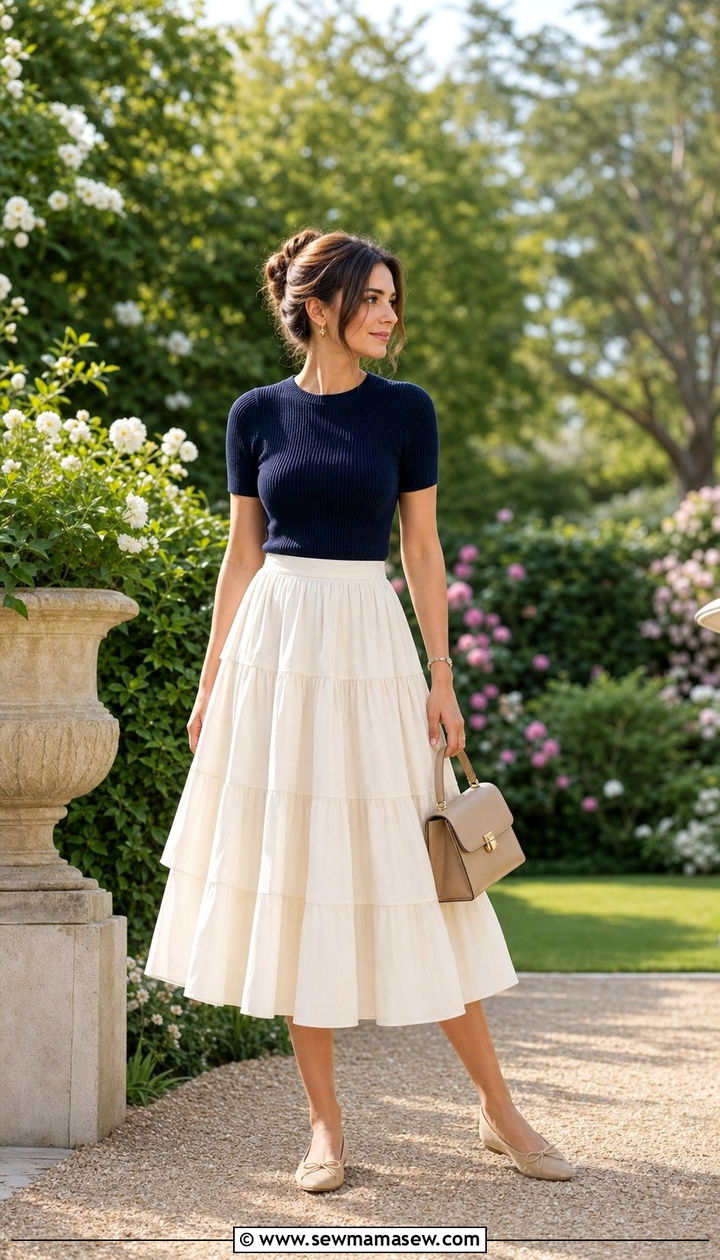 Tiered Midi Skirt with Ballet Flats and Fitted Knit - 35 casual midi skirt outfits