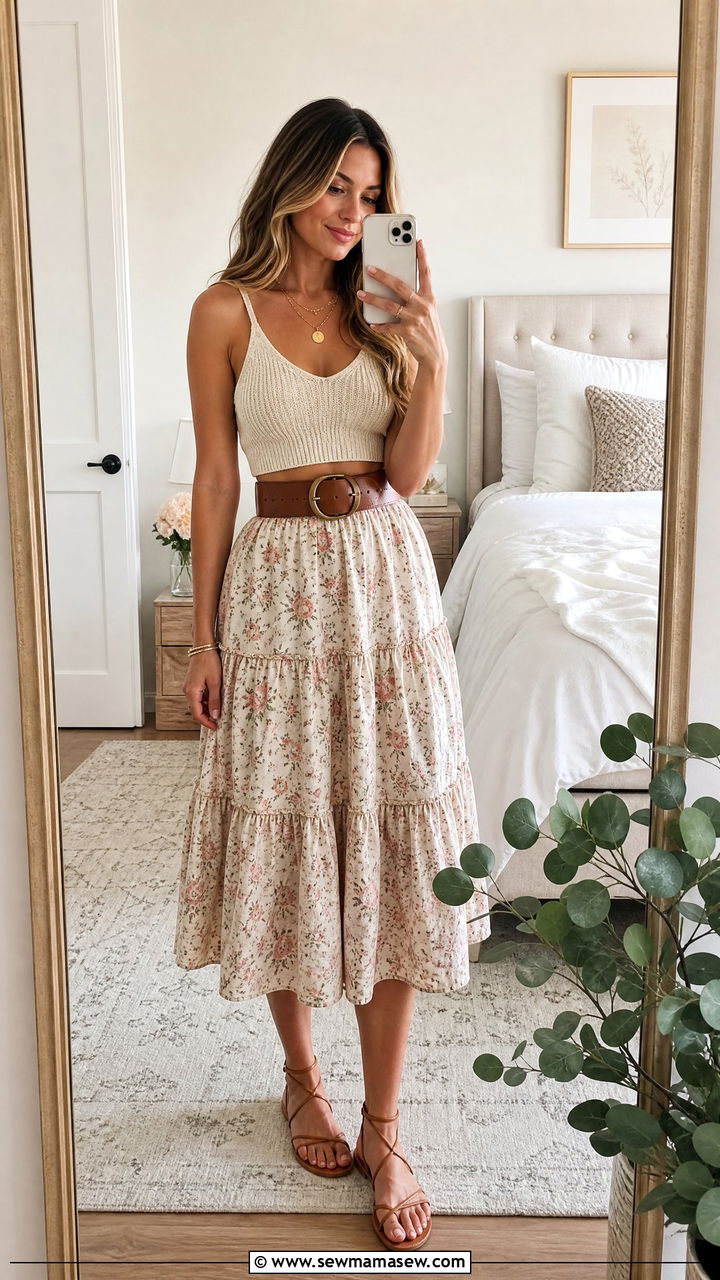 Tiered Midi Skirt with Knit Crop Top - 35 Hippie outfit ideas