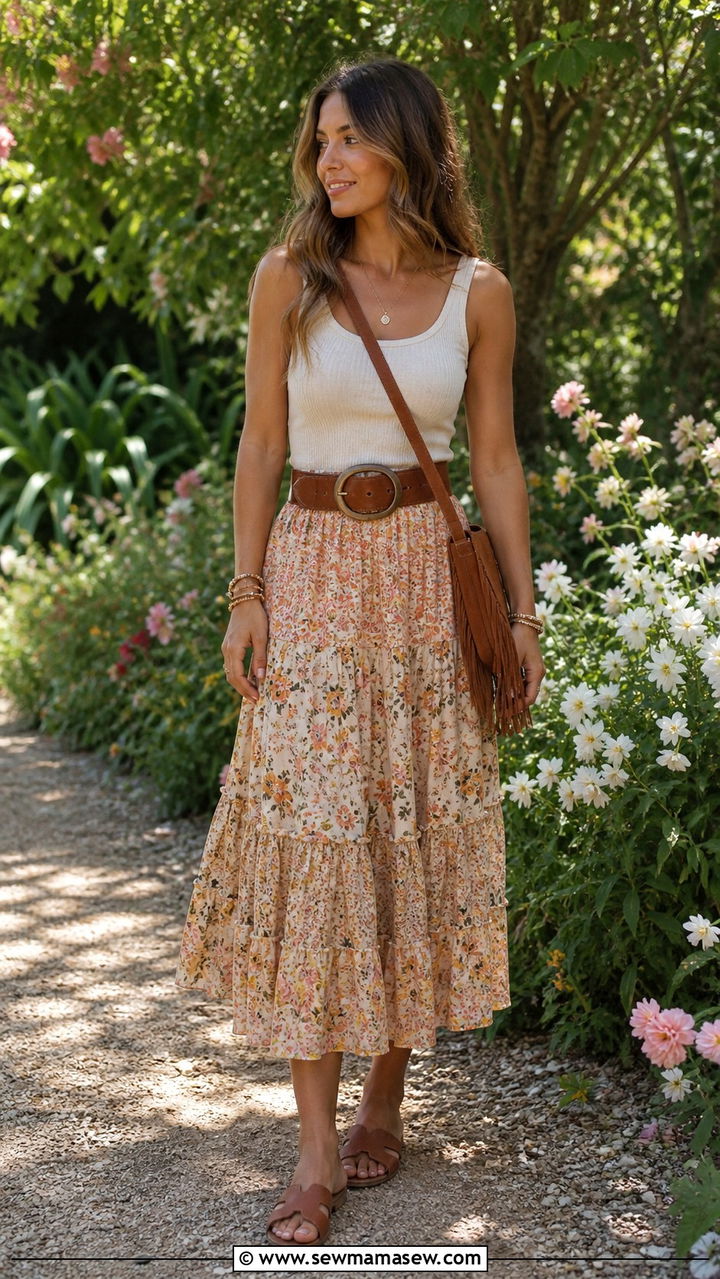 Tiered Midi Skirt with Simple Tank - 40 Boho outfit ideas