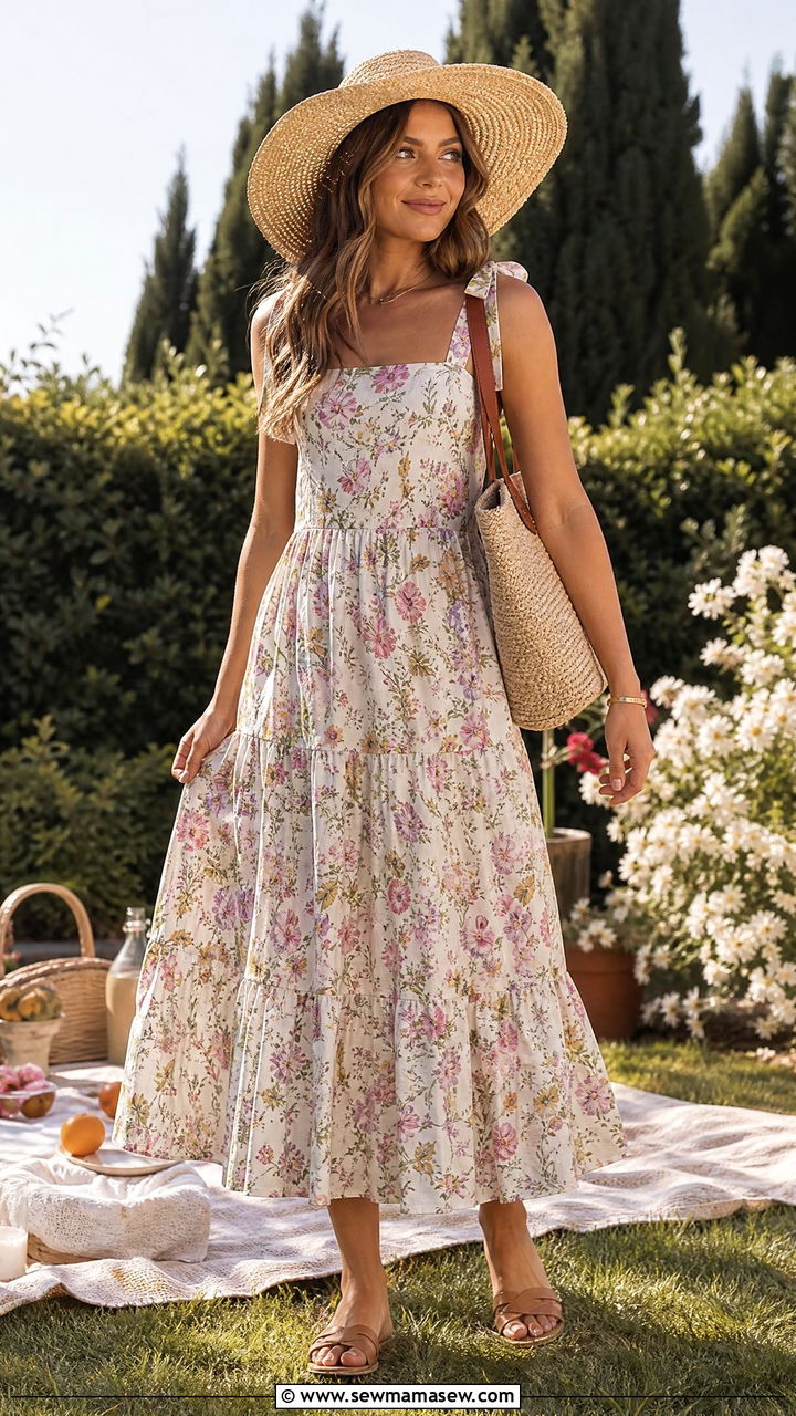 Tiered Midi Sundress And Straw Hat Spring Look - 20 Spring outfits for 75 degree weather